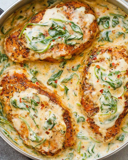 Pork Chops in Creamy Garlic Spinach Sauce