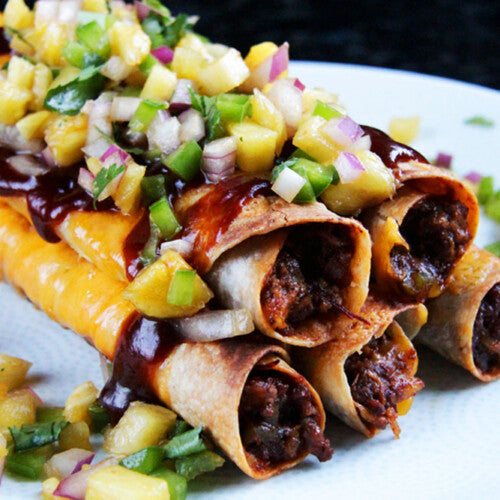 Hawaiian BBQ Beef Taquitos with Pineapple Salsa