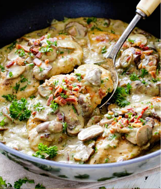 Chicken Skillet with Creamy Mushroom, Bacon and Pesto Sauce